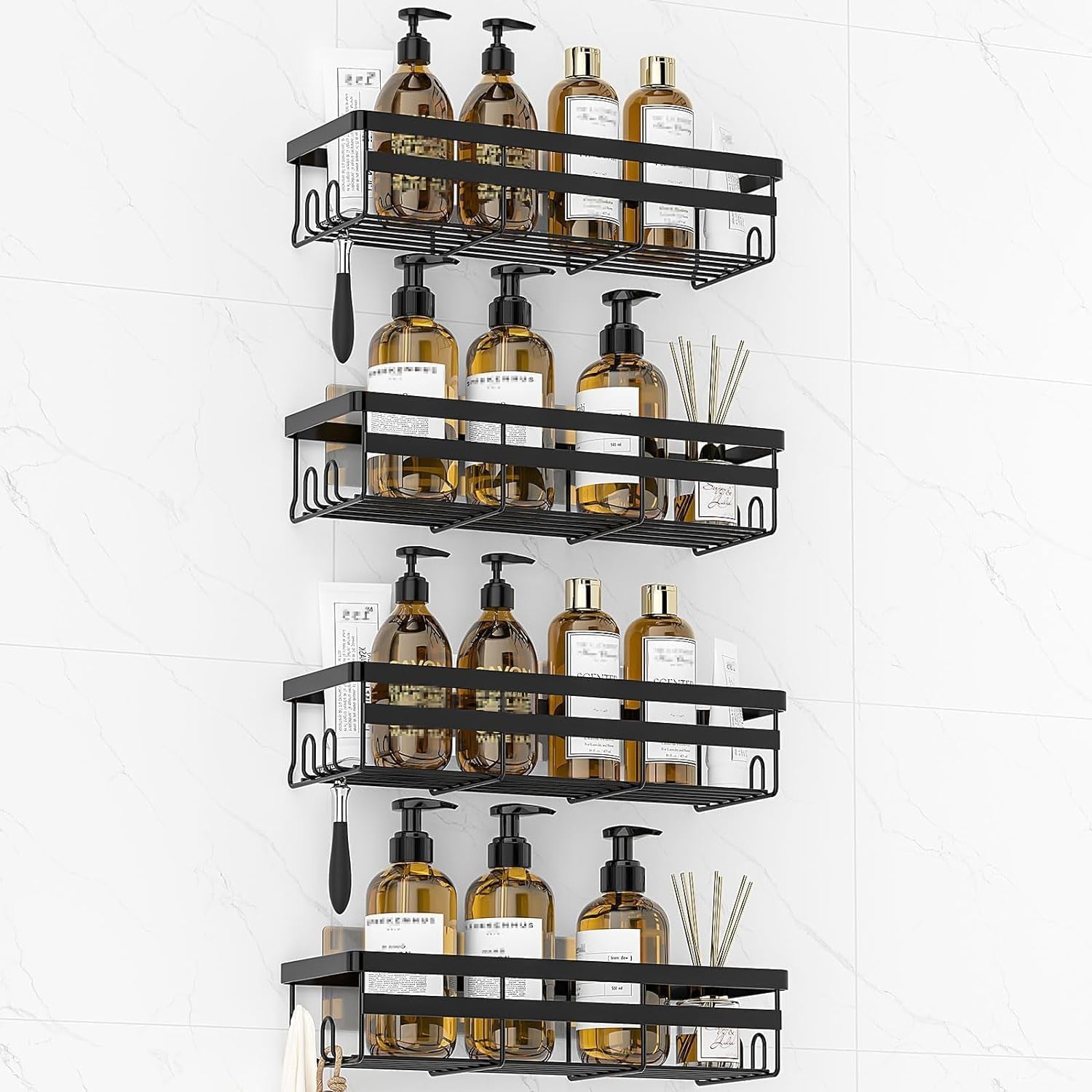 Shower Caddies 4 Pack - Adhesive Hanging Shower Shelf - Bathroom Organizers and Storage, No Drilling Stainless Shower Shelves for Home Decor, Bathroom Accessories